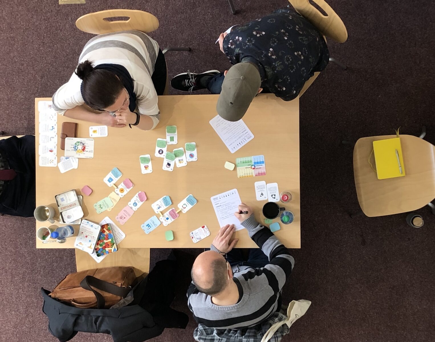 Drei Personen sitzen an einem Tisch. Auf dem Tisch liegen empamos-Karten, die mit Haftnotizen beschriftet sind.