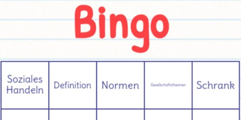 Bingo-Karte Bingokarte mit verschiedenen Begriffen wie Rolle, Soziologie, Statistik, Habitus, etc.